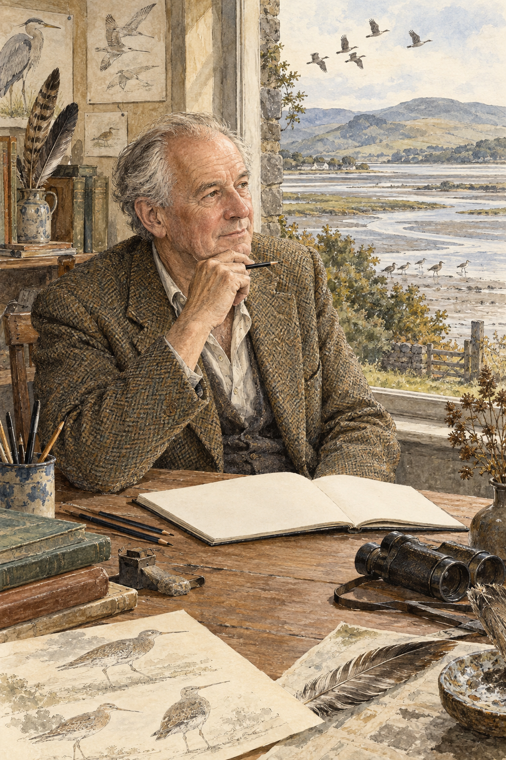 Imagined older wildlife artist working beside an estuary window