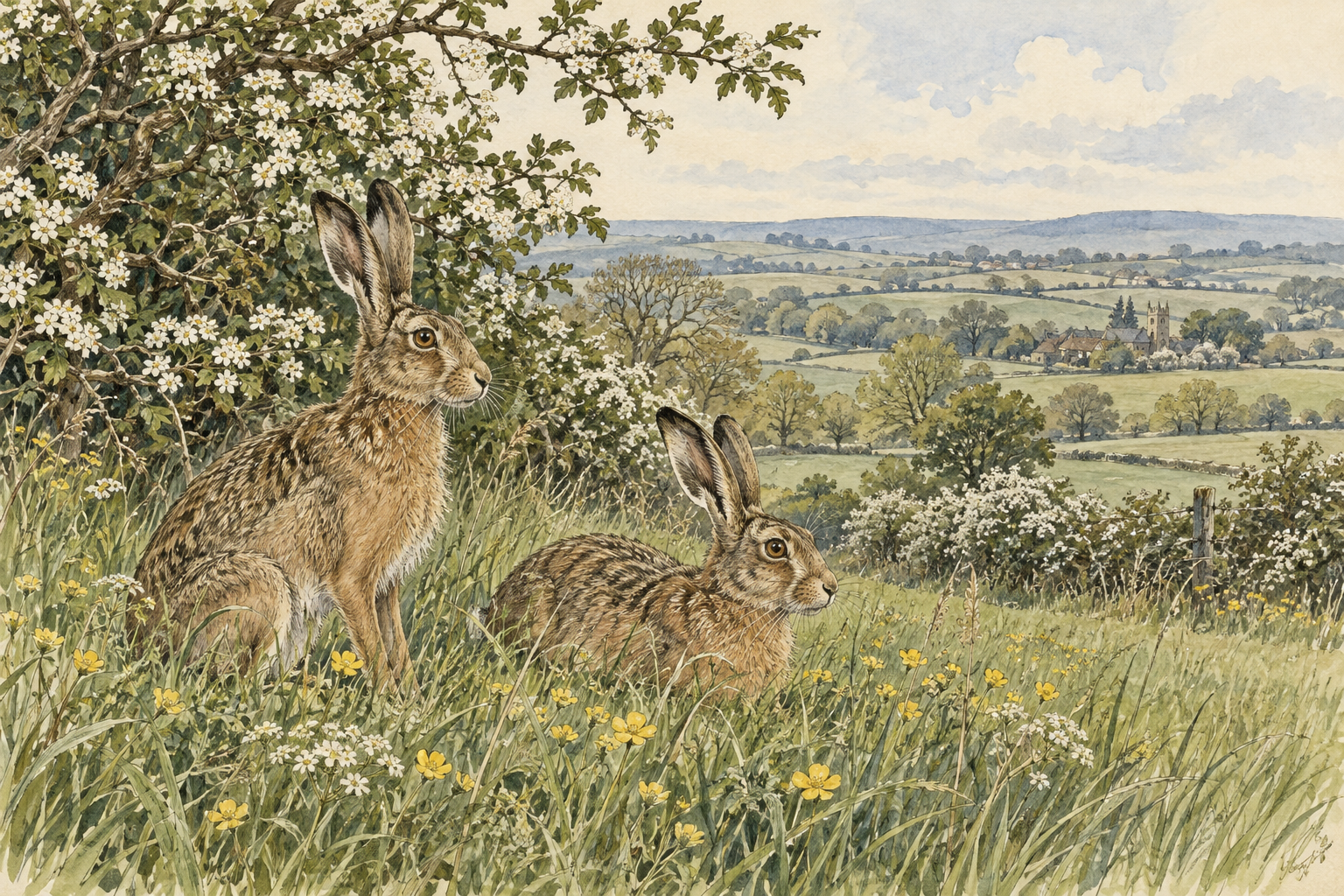 Hares in a spring meadow — temporary wildlife illustration