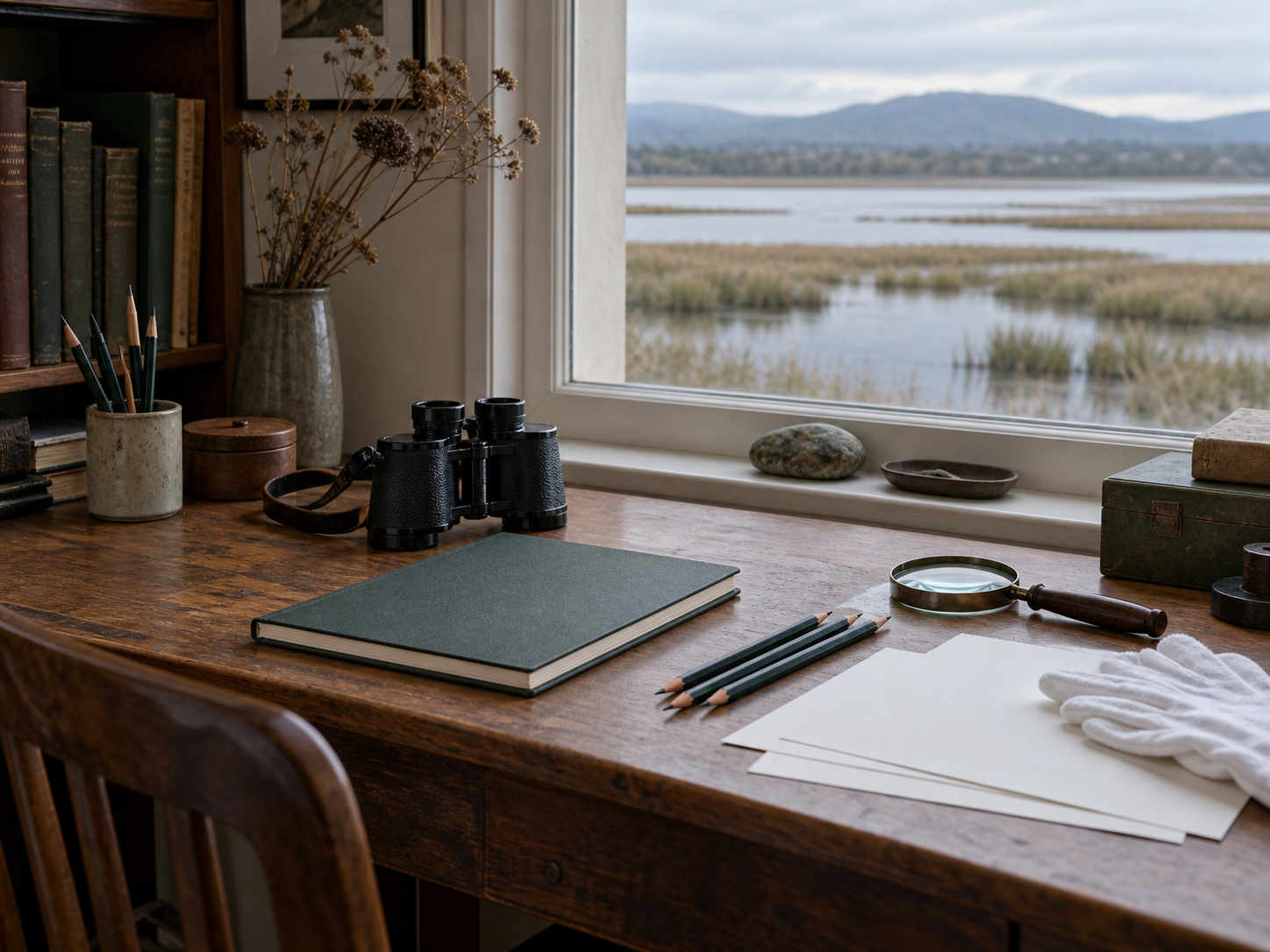Illustrative study desk with a sketchbook, binoculars and archival materials beside a wetland view